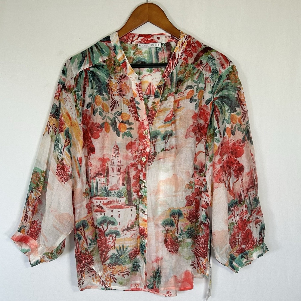 Figueroa & Flower Blouse XL Sheer Scenic Village Print V-Neck Button Up Shirt